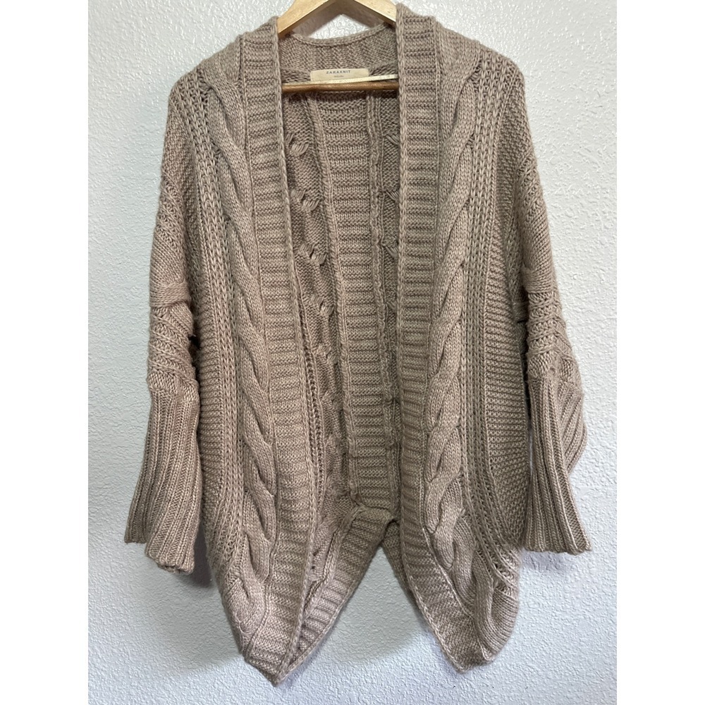 ZARAKNIT Women's Beige Cable Knit Open Front Cardigan Sweater Batwing Sleeve
